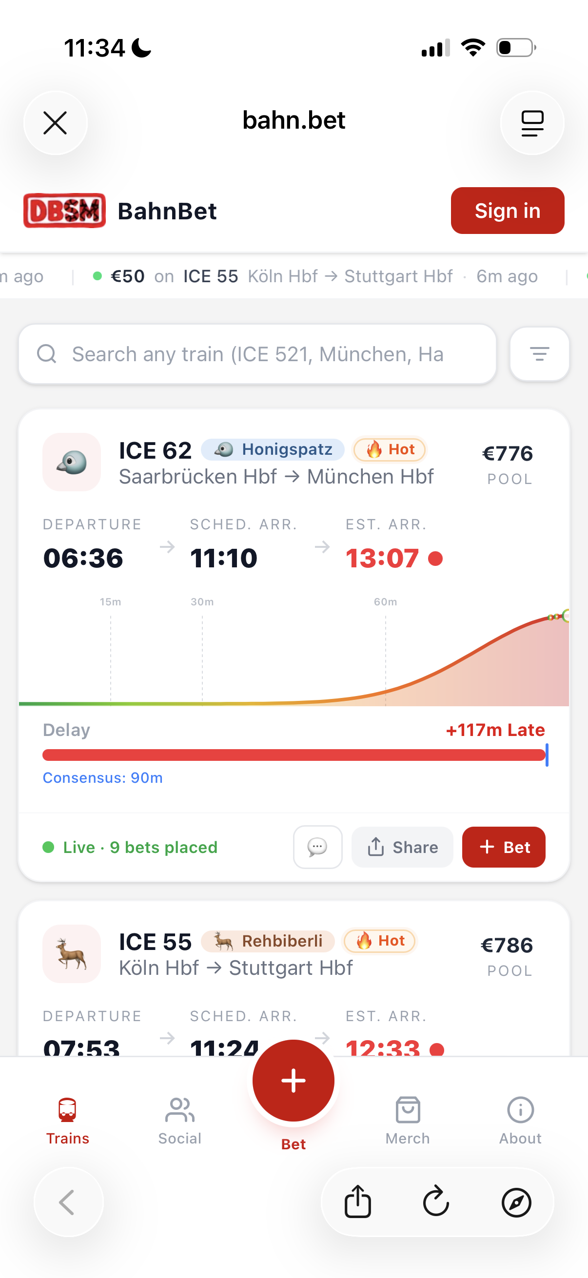 bahn.bet eine website mit einer ähnlichen UI wie polymarket, wo 1 auf die verspätung von DB zügen wetten kann.